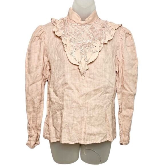 Vintage Bergdorf Goodman pink linen ruffle lace mock neck top size 14 - Picture 1 of 10